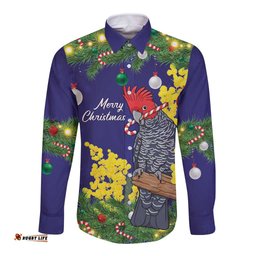 Australia Gang-gang Cockatoo Christmas Long Sleeve Button Shirt Callocephalon Fimbriatum Golden Wattle Blue LT14