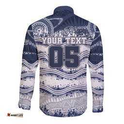 Custom Geelong Navy Long Sleeve Button Shirt Playful Cat Kicking Ball DT05