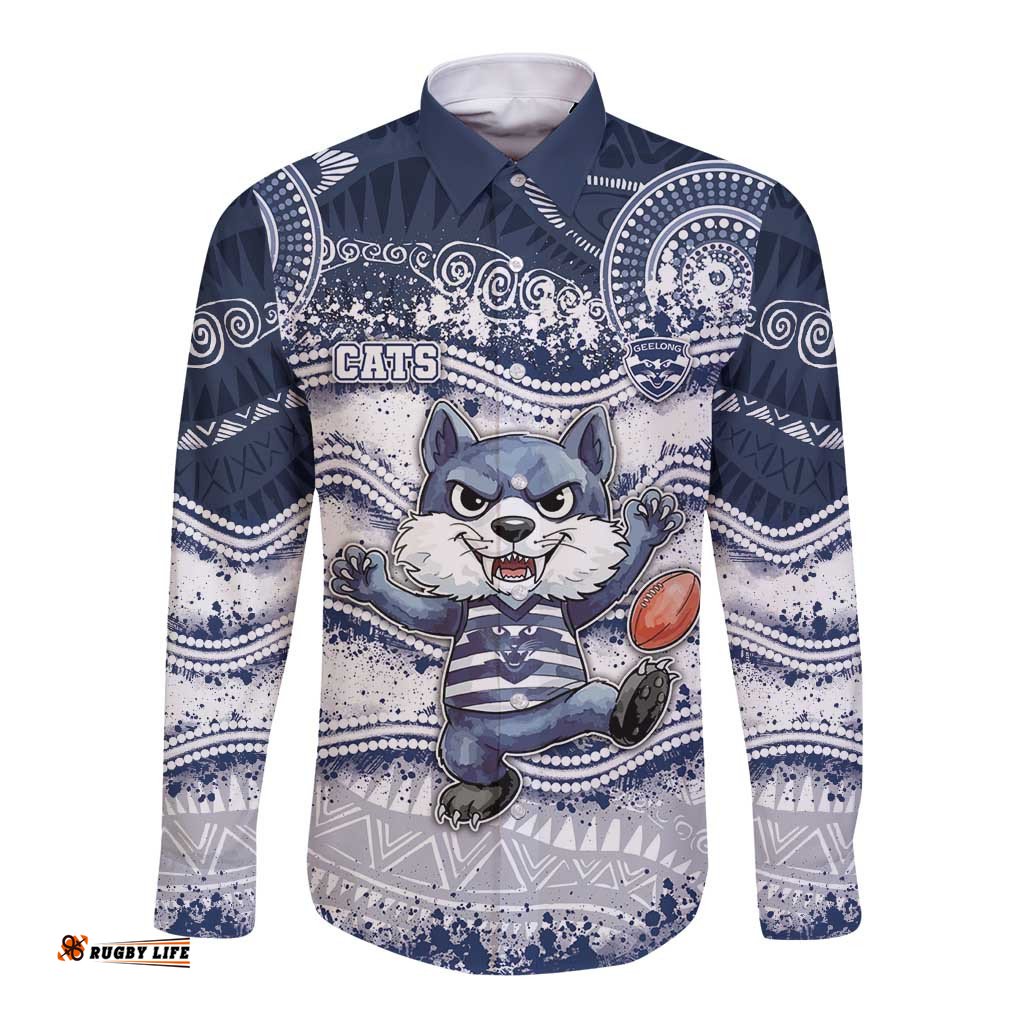 Custom Geelong Navy Long Sleeve Button Shirt Playful Cat Kicking Ball DT05