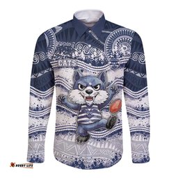 Custom Geelong Navy Long Sleeve Button Shirt Playful Cat Kicking Ball DT05