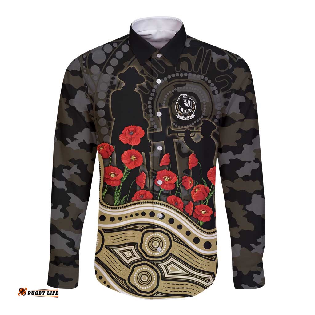 Collingwood Magpies ANZAC Day Long Sleeve Button Shirt Indigenous Dot Art with Poppy Flower Tribute TS04