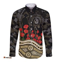 Collingwood Magpies ANZAC Day Long Sleeve Button Shirt Indigenous Dot Art with Poppy Flower Tribute TS04