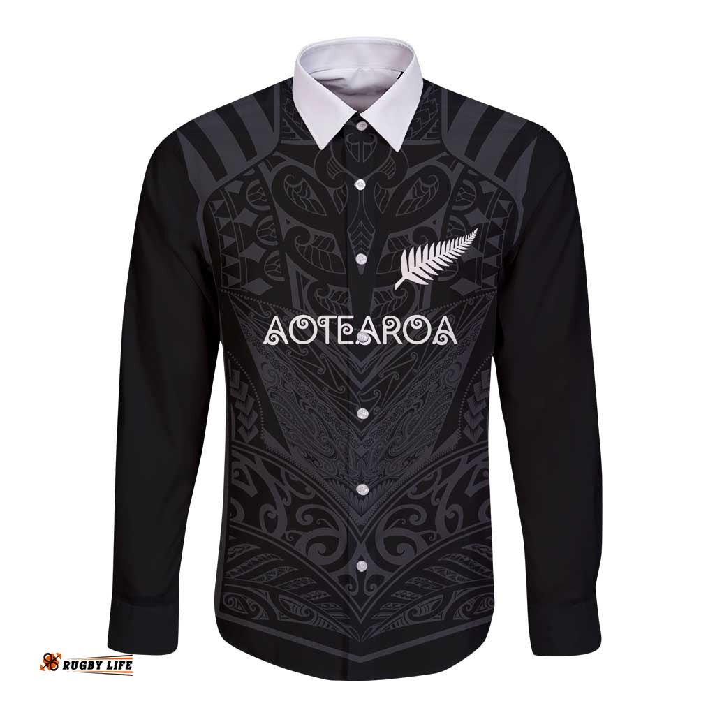 Custom Aotearoa Rugby Long Sleeve Button Shirt The Blacks-Sporty T90 Style LT03