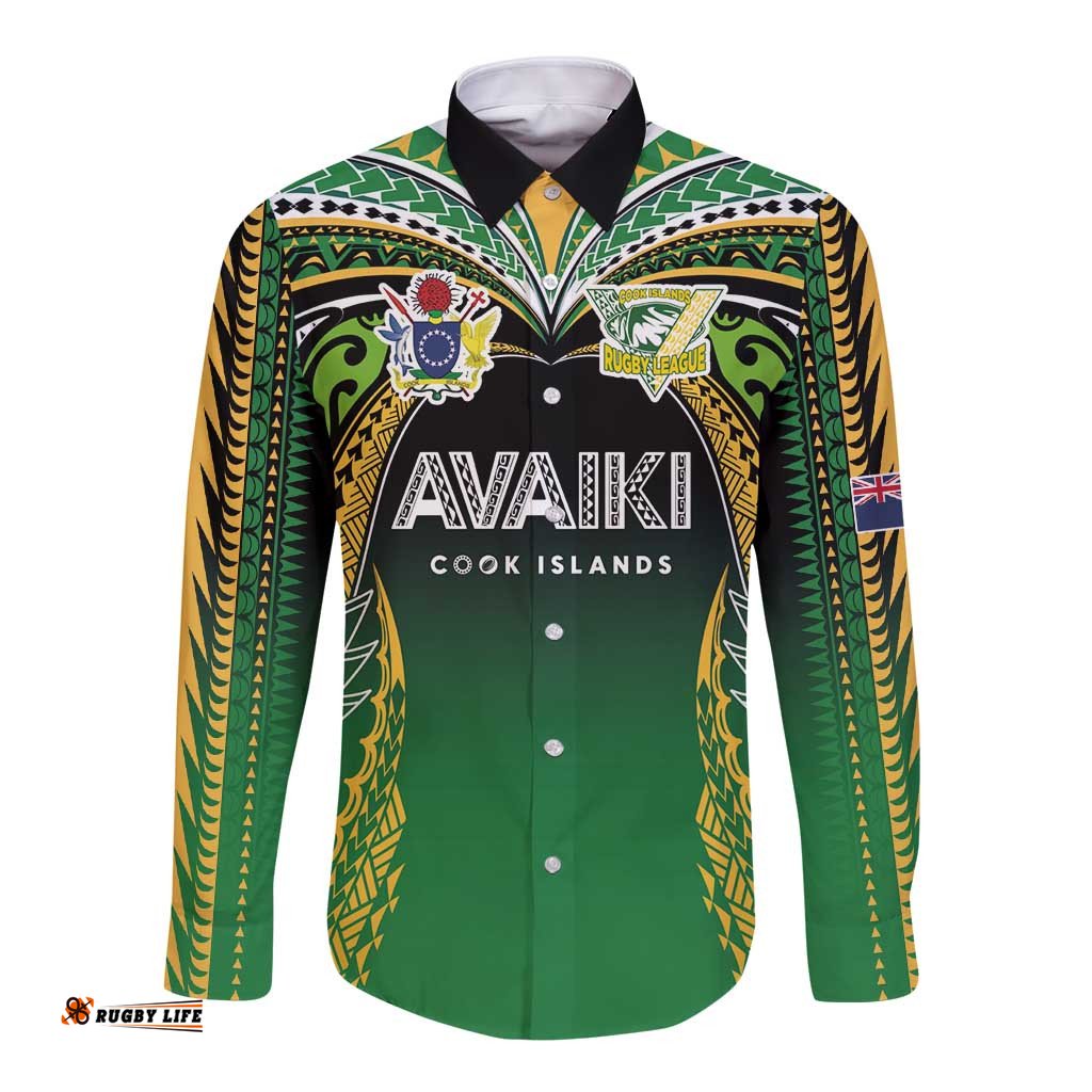 Custom Cook Islands Rugby League Long Sleeve Button Shirt Avaiki Tatau Tribal Motifs Black Color LT03