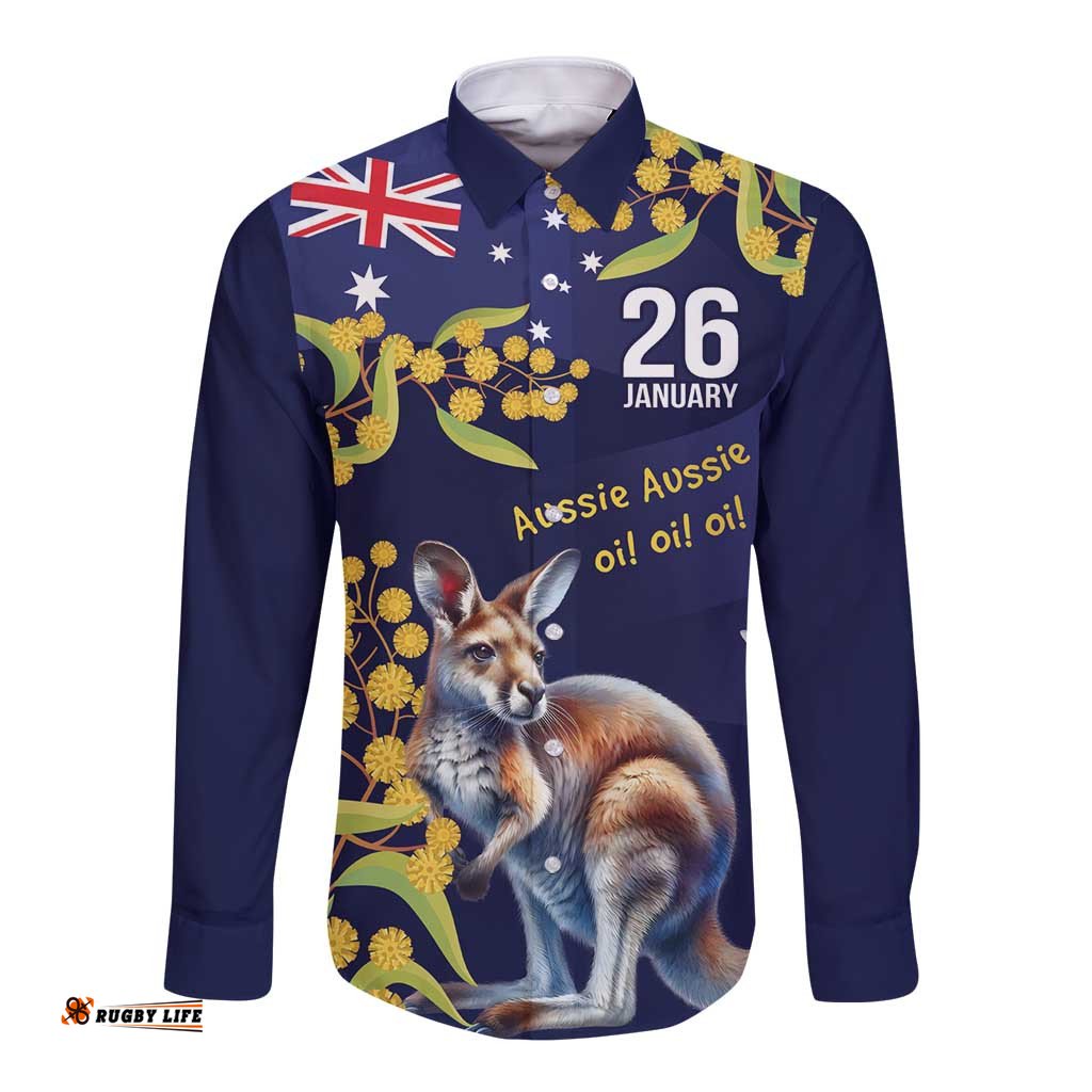 Blue Kangaroo and Golden Wattle Personalised Long Sleeve Button Shirt Happy Australia Day 6 January LT9