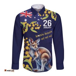 Blue Kangaroo and Golden Wattle Personalised Long Sleeve Button Shirt Happy Australia Day 6 January LT9