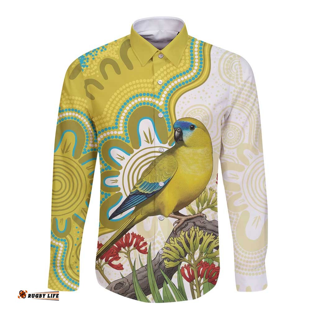 Australia Rock Parrot Long Sleeve Button Shirt Kangaroo Paws Indigenous Art LT14