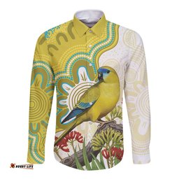 Australia Rock Parrot Long Sleeve Button Shirt Kangaroo Paws Indigenous Art LT14