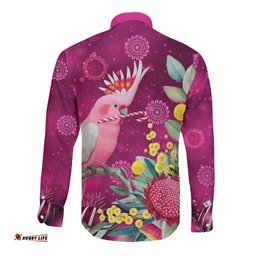 Australia Pink Cockatoo Christmas Long Sleeve Button Shirt Aussie Native Flowers Merry Xmas - Pink LT14