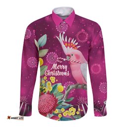 Australia Pink Cockatoo Christmas Long Sleeve Button Shirt Aussie Native Flowers Merry Xmas - Pink LT14