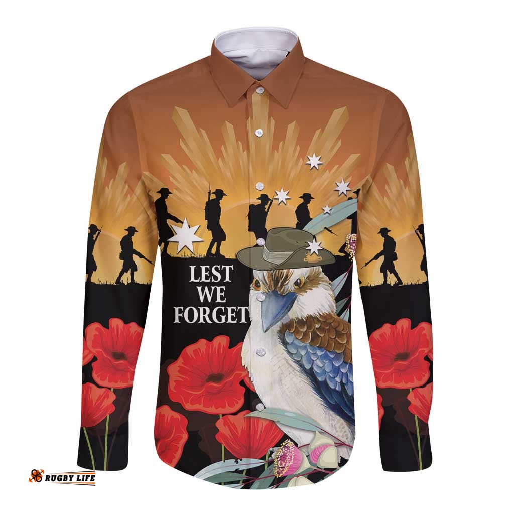 Australia Kookaburra ANZAC Day Long Sleeve Button Shirt Rising Sun 25th April Poppy Eucalyptus Blossoms LT14