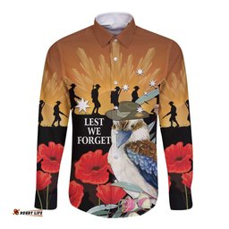 Australia Kookaburra ANZAC Day Long Sleeve Button Shirt Rising Sun 25th April Poppy Eucalyptus Blossoms LT14