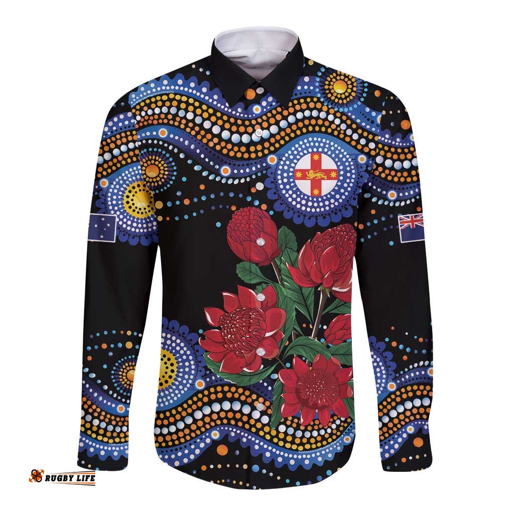 Australia New South Wales Waratahs Long Sleeve Button Shirt Aboriginal Dot Art LT9