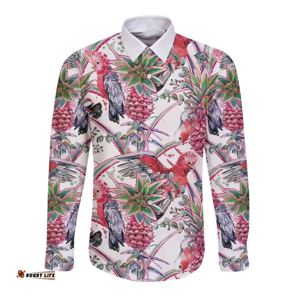 Australia Pink Galah Long Sleeve Button Shirt Rose-breasted Cockatoo Pineapple Seamless Vibes LT14