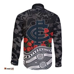 Carlton Blues ANZAC Day Long Sleeve Button Shirt Indigenous Dot Art with Poppy Flower Tribute TS04