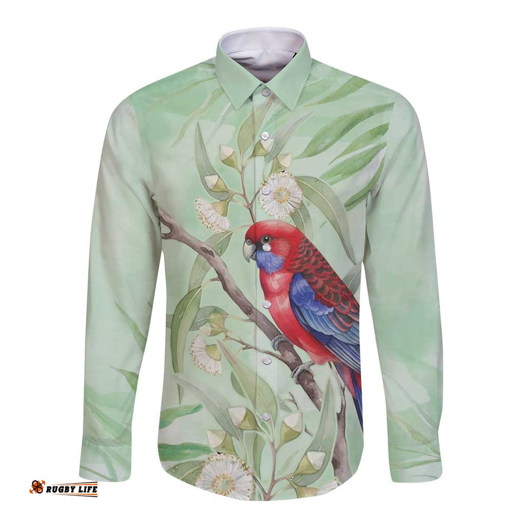 Australia Crimson Rosella Long Sleeve Button Shirt Platycercus Elegans Eucalyptus Alba Watercolor LT14
