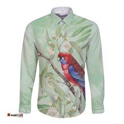 Australia Crimson Rosella Long Sleeve Button Shirt Platycercus Elegans Eucalyptus Alba Watercolor LT14