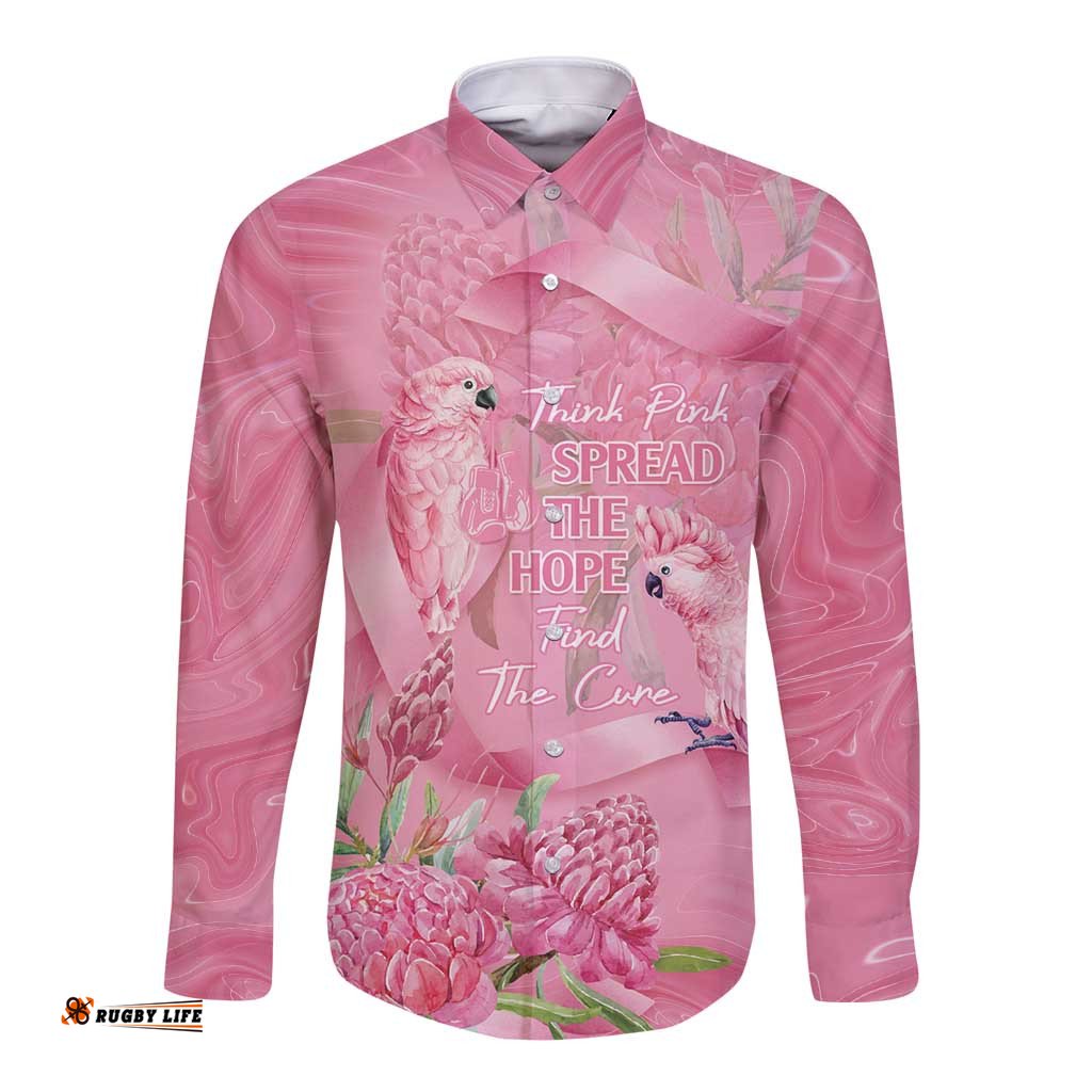 Australia Breast Cancer Awareness Long Sleeve Button Shirt Think Pink Cockatoos Ribbon LT14