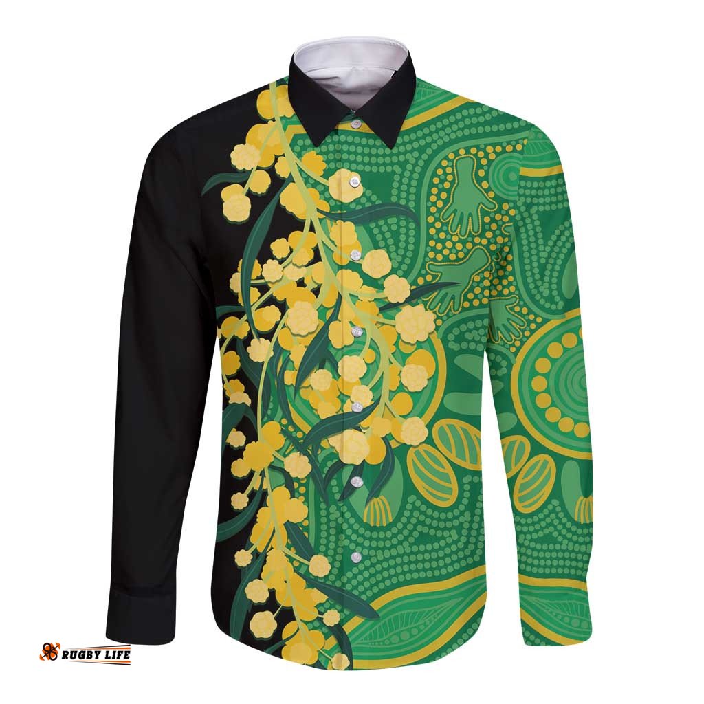 Australia Golden Wattle Long Sleeve Button Shirt Aussie Native Flowers Indigenous Art LT14