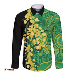 Australia Golden Wattle Long Sleeve Button Shirt Aussie Native Flowers Indigenous Art LT14