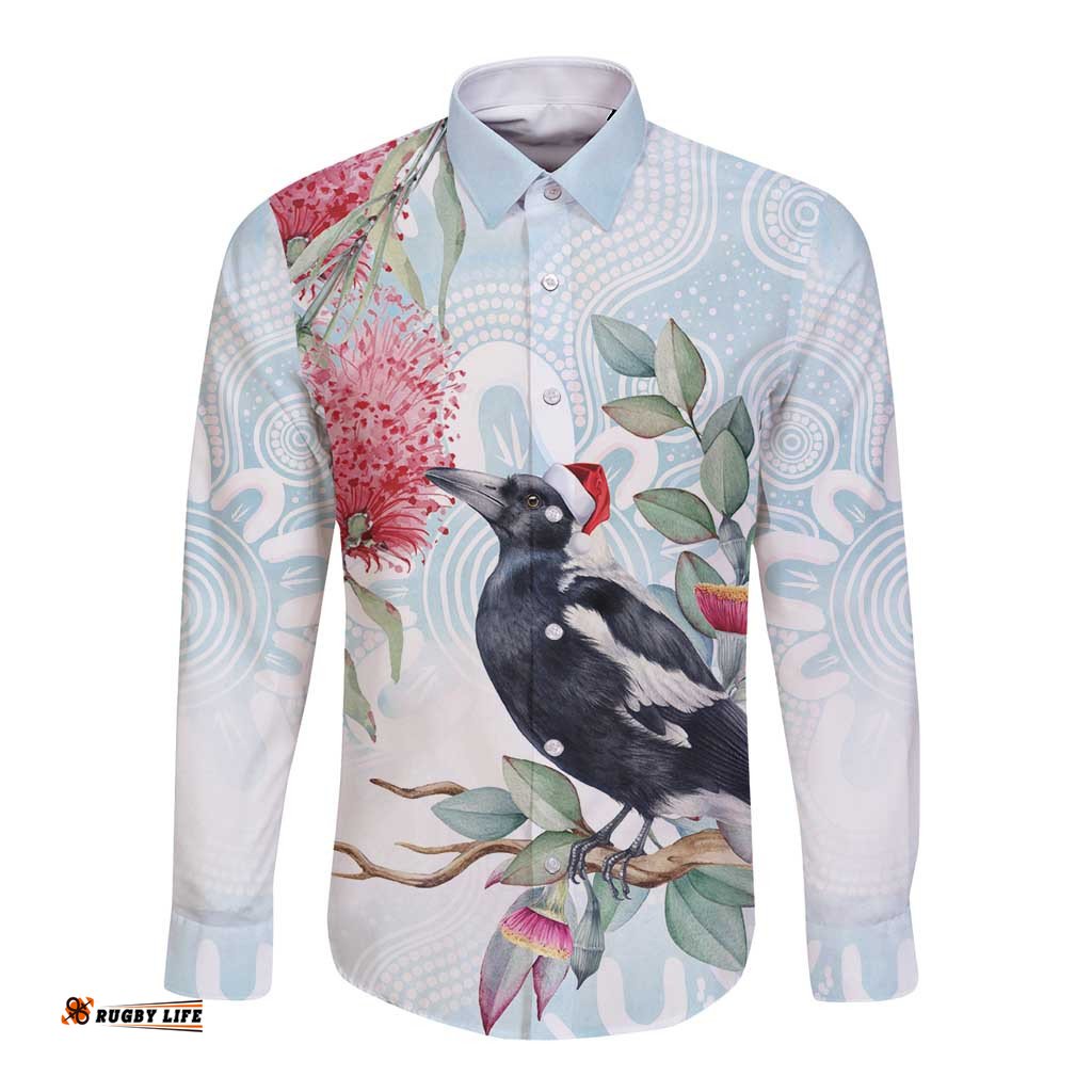 Australia Magpie Christmas Long Sleeve Button Shirt Eucalyptus Aboriginal Watercolor Stylized LT14