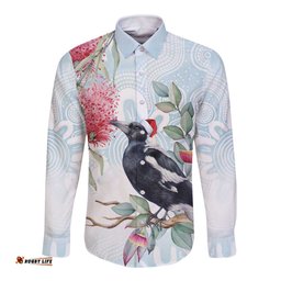 Australia Magpie Christmas Long Sleeve Button Shirt Eucalyptus Aboriginal Watercolor Stylized LT14