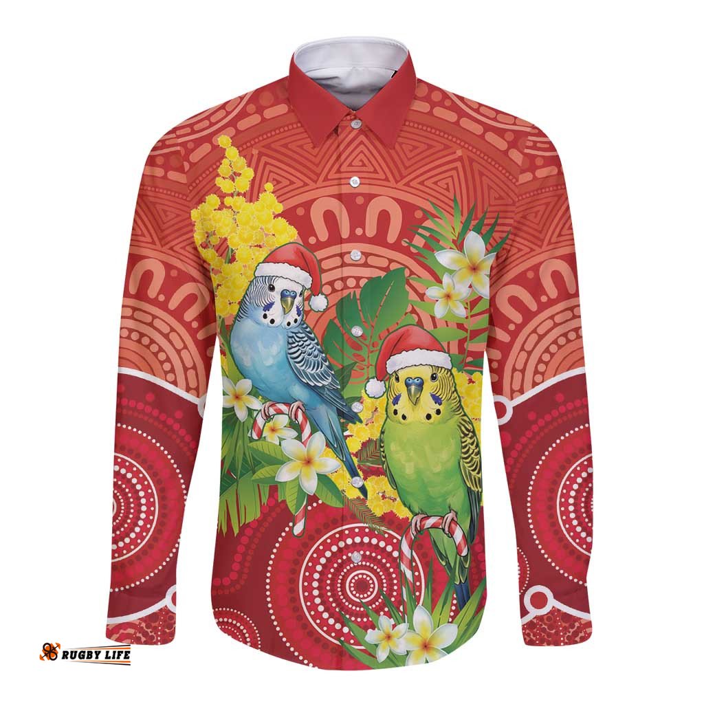 Budgerigar Australia Christmas Long Sleeve Button Shirt Budgies Golden Wattle Aboriginal Red LT14