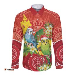 Budgerigar Australia Christmas Long Sleeve Button Shirt Budgies Golden Wattle Aboriginal Red LT14