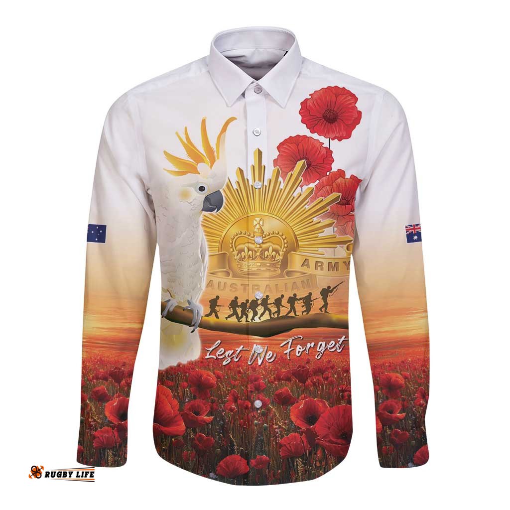 Australia Cockatoo ANZAC Day Long Sleeve Button Shirt Lest We Forget LT05