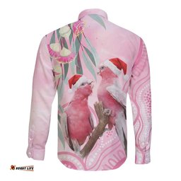 Australia Funny Pink Galah Christmas Long Sleeve Button Shirt Aboriginal Eucalyptus Blossoms Watercolor LT14