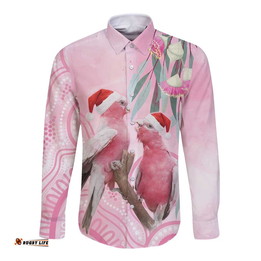 Australia Funny Pink Galah Christmas Long Sleeve Button Shirt Aboriginal Eucalyptus Blossoms Watercolor LT14