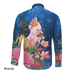 Australia Christmas Pink Cockatoo with Banksia Long Sleeve Button Shirt Snowy Blue LT7