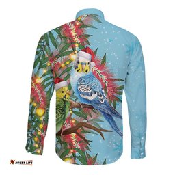 Blue Budgies on Callistemon Long Sleeve Button Shirt Merry Christmas Aussie LT7