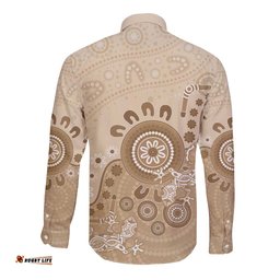 Beige Lizards Australia Long Sleeve Button Shirt Boomerang Indigenous Art LT14