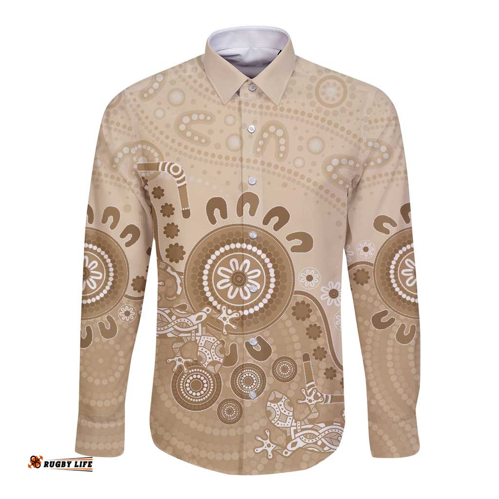 Beige Lizards Australia Long Sleeve Button Shirt Boomerang Indigenous Art LT14