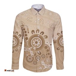 Beige Lizards Australia Long Sleeve Button Shirt Boomerang Indigenous Art LT14