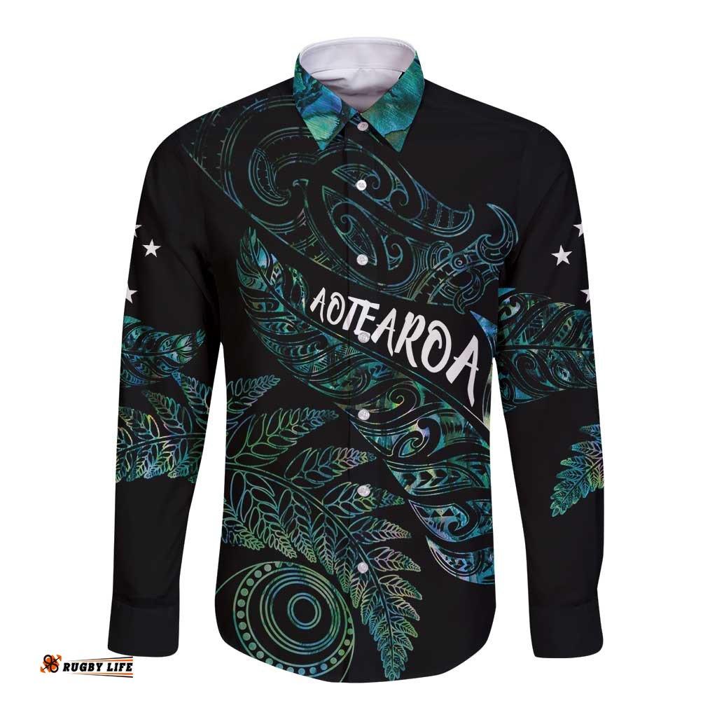 Aotearoa Personalized Lawn Bowls Maori Long Sleeve Button Shirt New Zealand Paua Shell Tribal Silver Fern LT7