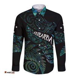 Aotearoa Personalized Lawn Bowls Maori Long Sleeve Button Shirt New Zealand Paua Shell Tribal Silver Fern LT7