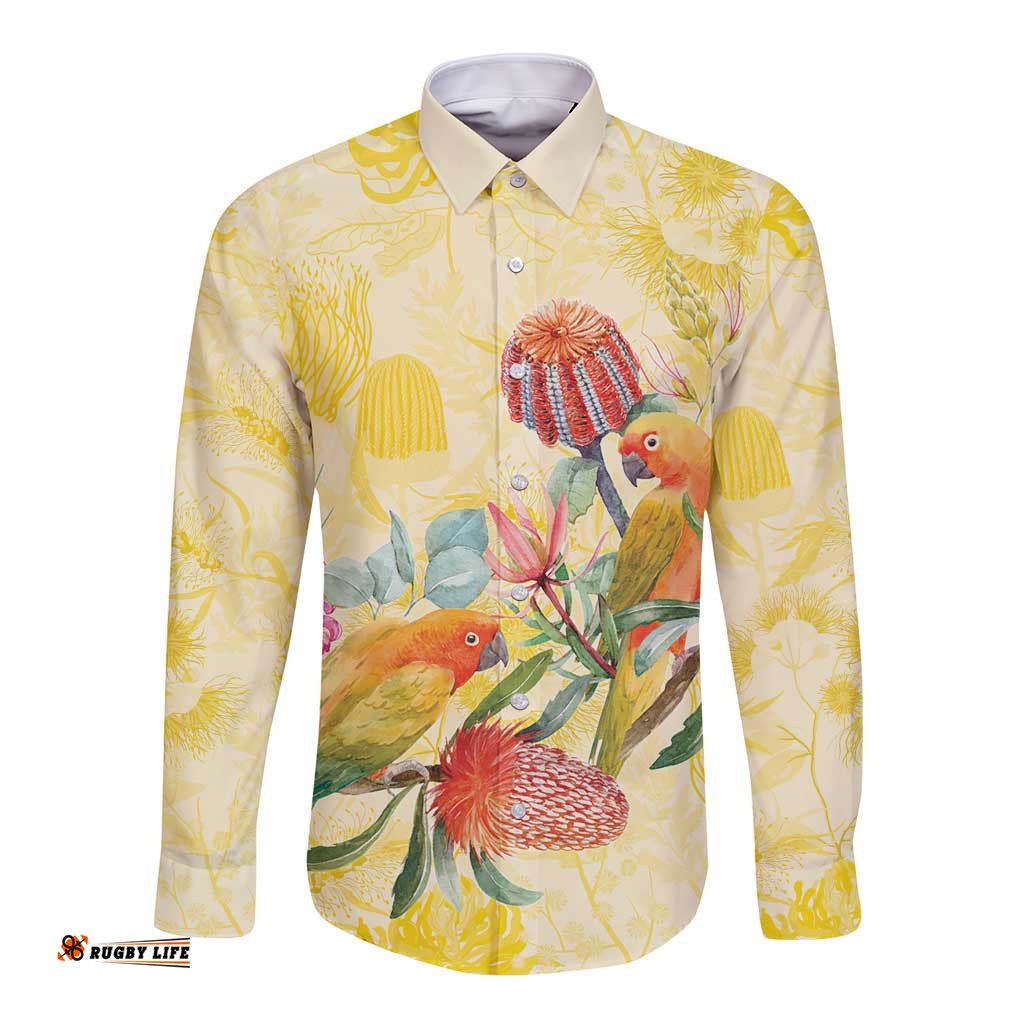 Birds and Floral Aussie Lorikeet Long Sleeve Button Shirt Pastel Yellow LT7