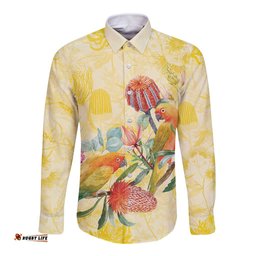 Birds and Floral Aussie Lorikeet Long Sleeve Button Shirt Pastel Yellow LT7