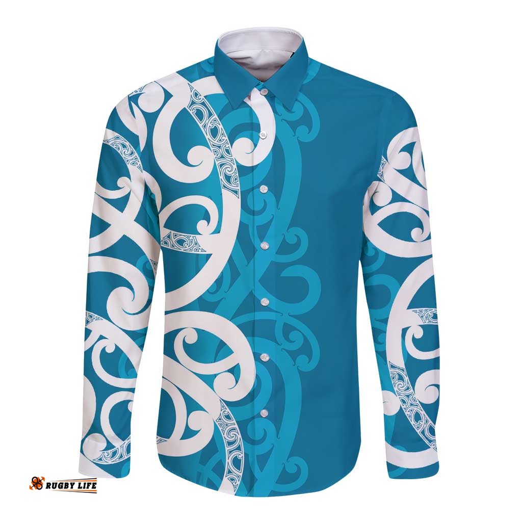 Azure Blue Maori Long Sleeve Button Shirt Koru Kowhaiwhai LT7
