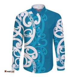 Azure Blue Maori Long Sleeve Button Shirt Koru Kowhaiwhai LT7