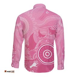 Australia Breast Cancer Awareness Long Sleeve Button Shirt Pink Ribbon Manta Ray Aboriginal Art LT14