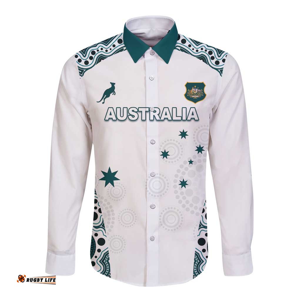 Custom Australia Rugby 2026 Long Sleeve Button Shirt Go Wallabies Aboriginal Pattern White Version LT05