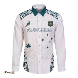 Custom Australia Rugby 2026 Long Sleeve Button Shirt Go Wallabies Aboriginal Pattern White Version LT05