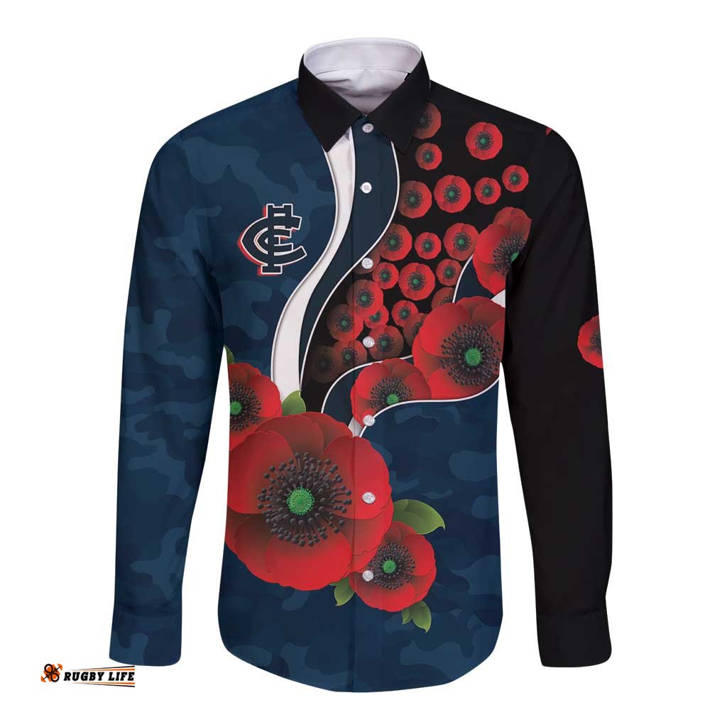 Carlton Blues ANZAC Personalised Long Sleeve Button Shirt Lest We Forget Poppy Camo LT9