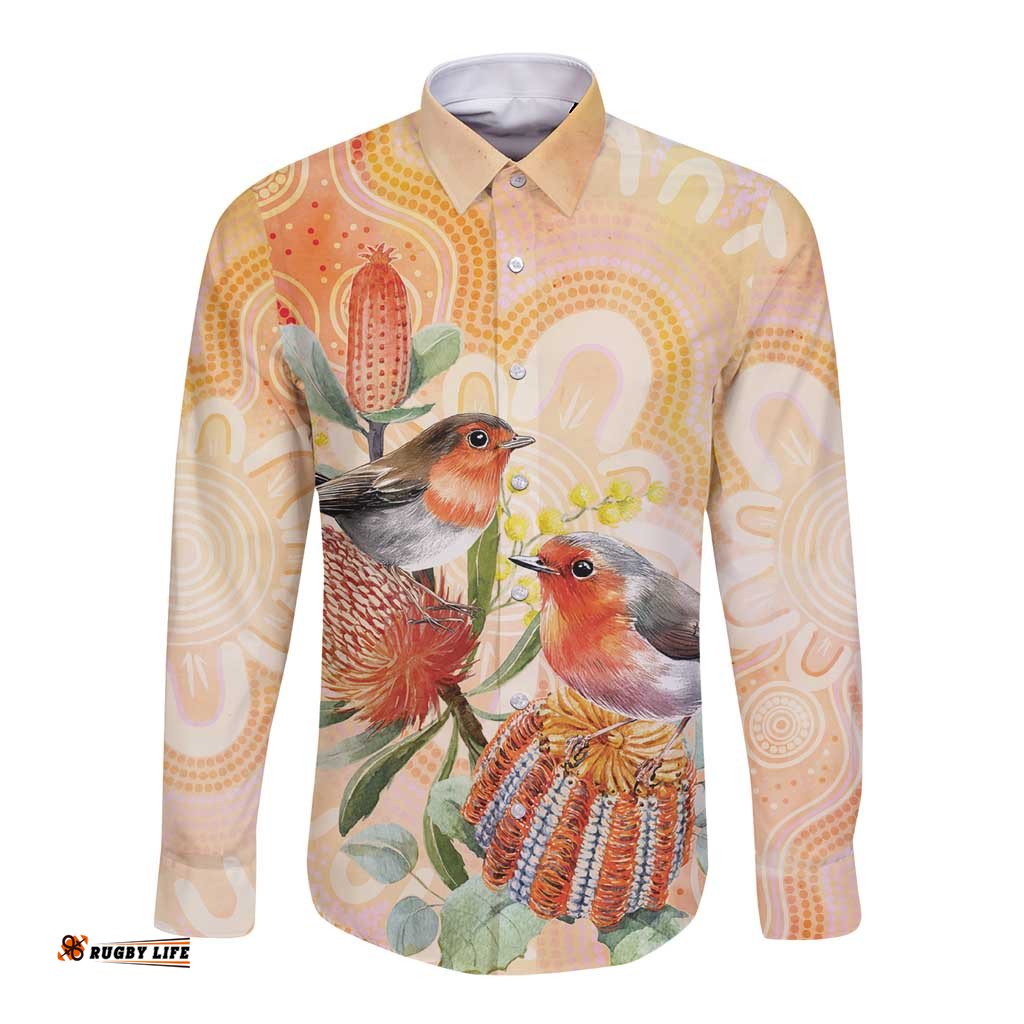 Australia Flame Robin Long Sleeve Button Shirt Petroica Phoenicea Banksia Indigenous Art LT14