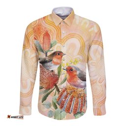 Australia Flame Robin Long Sleeve Button Shirt Petroica Phoenicea Banksia Indigenous Art LT14