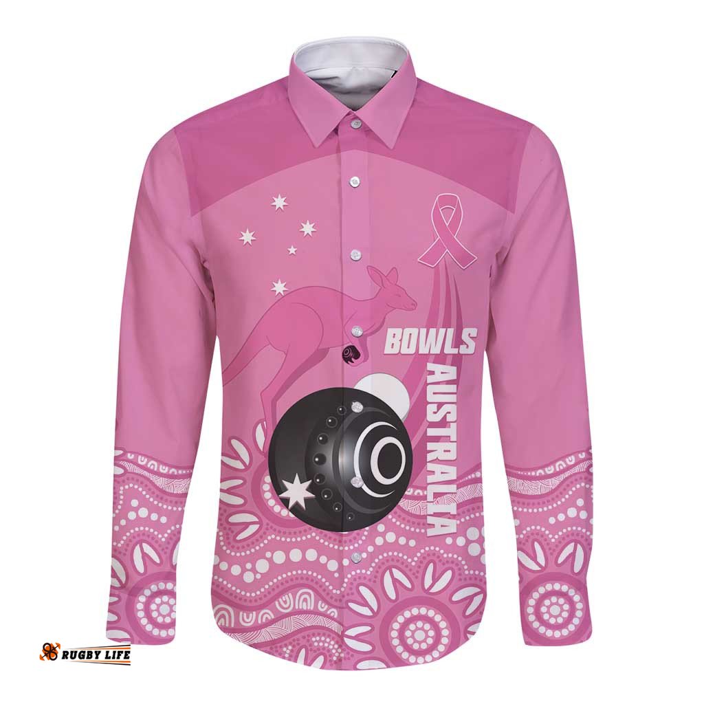 Custom Bowls Australia Breast Cancer Long Sleeve Button Shirt Pink Ribbon Kangaroo Aboriginal Art LT14