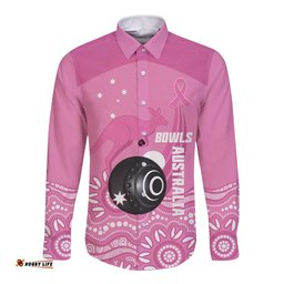 Custom Bowls Australia Breast Cancer Long Sleeve Button Shirt Pink Ribbon Kangaroo Aboriginal Art LT14
